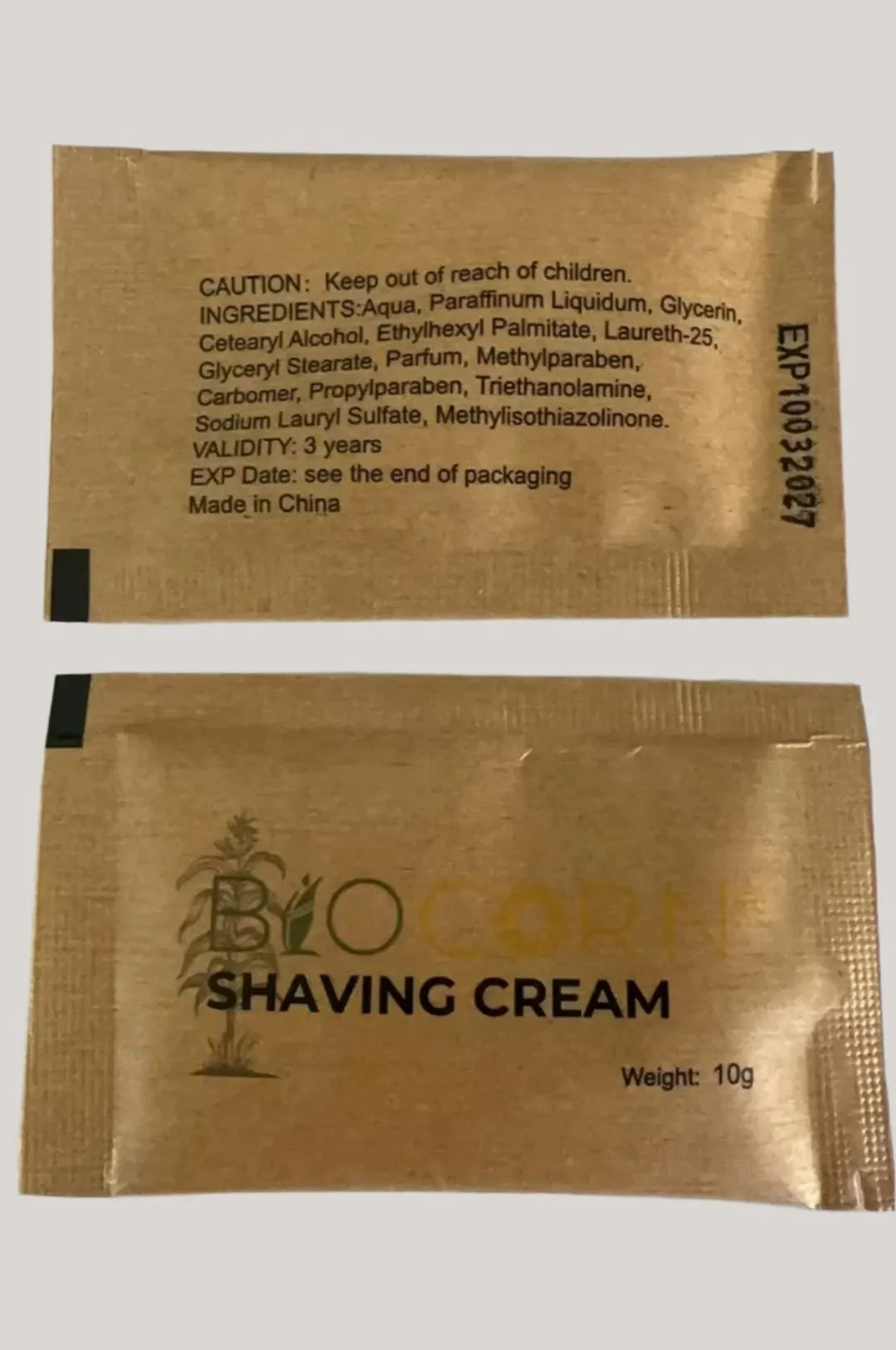 (500 Pack) BIOCORN 10g Shaving Cream Travel Size, in individual kraft paper bags