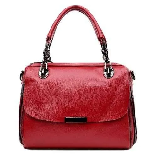 Chain Textured PU Leather Handbag - Wine Red