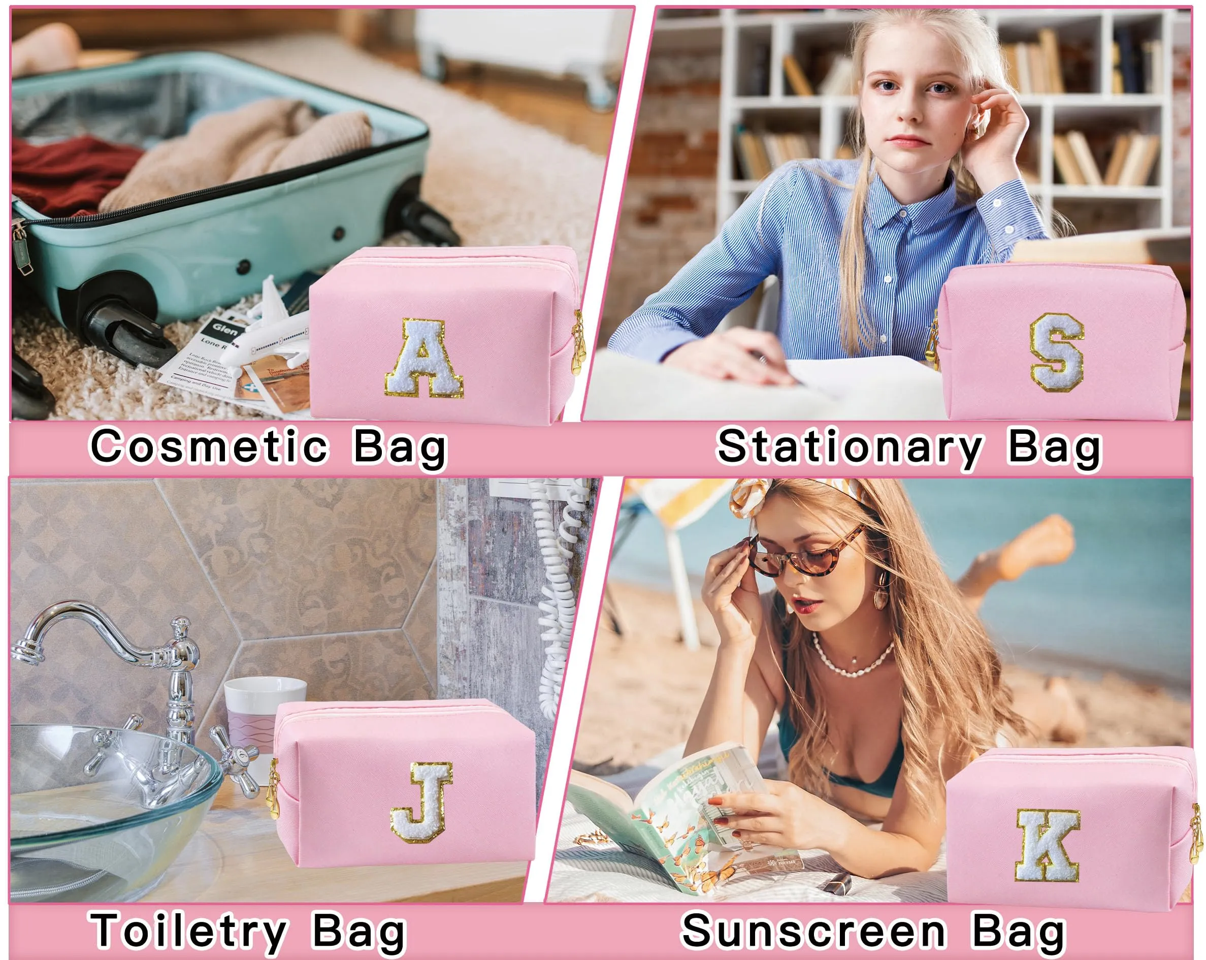 COSHAYSOO Initial Makeup Bag Pack of 2 Small Cosmetic Period Zipper Pouch Sanitary Napkin Storage with Monogram Letter Patch for Dance Teen Girl Nurse Teacher Appreciation Make Up Gift Pink K