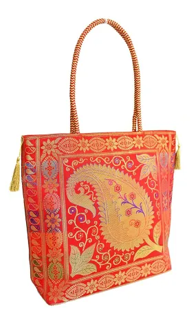Embroidery Silk Handicraft Hand Bag, Shoulder, Tote Bag For Ladies (13 x 11.5 x 7.5 Inches, Leaves & Flower, Red Color)