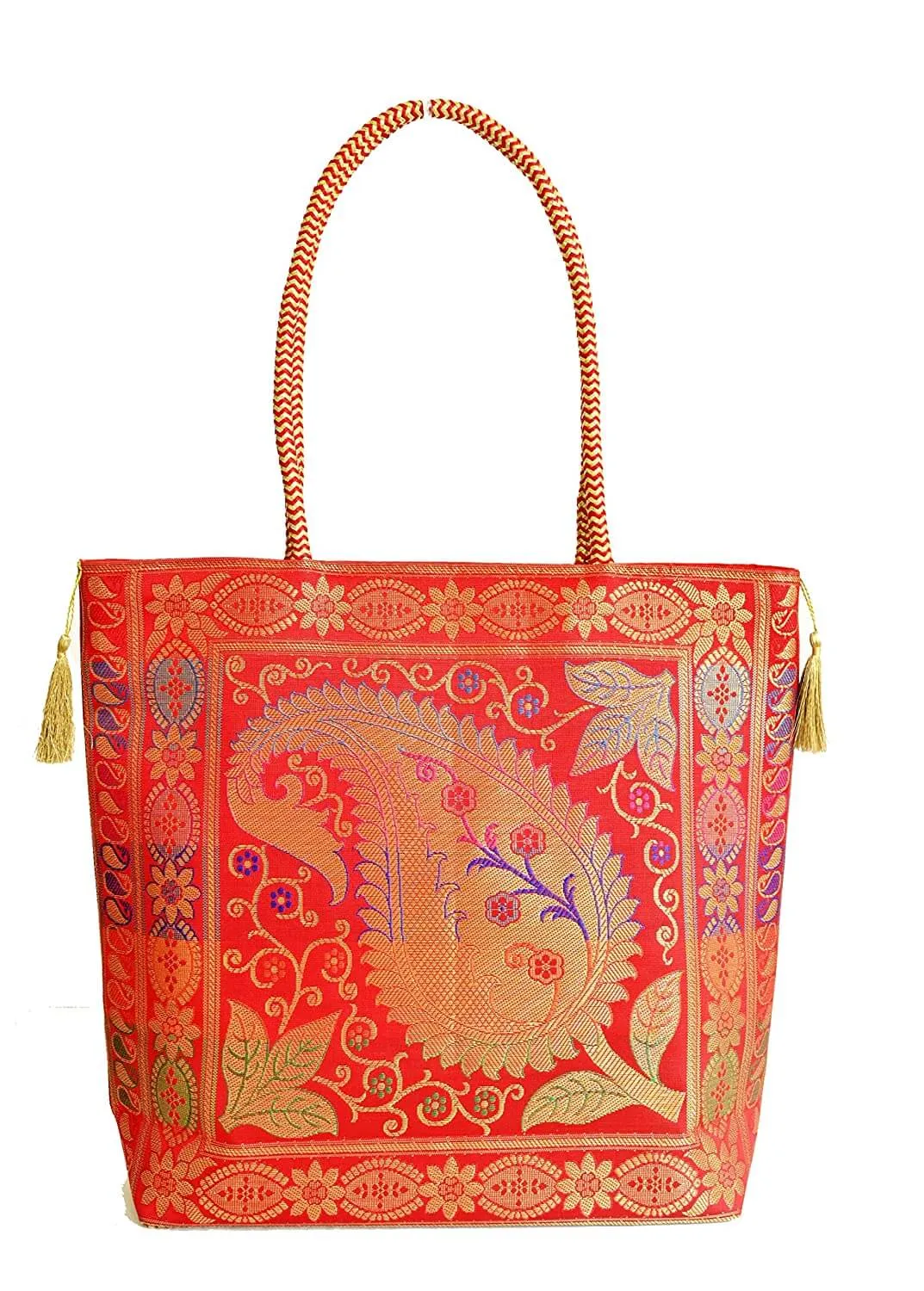 Embroidery Silk Handicraft Hand Bag, Shoulder, Tote Bag For Ladies (13 x 11.5 x 7.5 Inches, Leaves & Flower, Red Color)